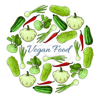 Veggies poster. Vegan organic vegetables nutrition food. Greens of cabbage, kohlrabi, zucchini, squash, pepper, leek designed in round circle shape for vegetarian cuisine and healthy food cooking