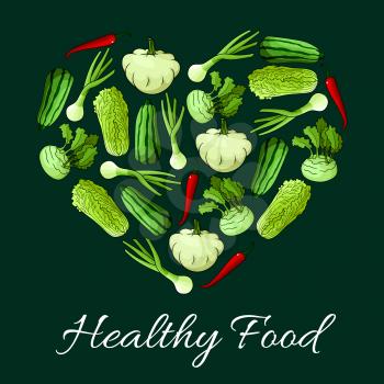 Veggies in shape of heart. Vegetarian healthy food nutrition poster with vegan cuisine greens and fresh raw vegetables of cabbage, zucchini and squash, pepper, leek and kohlrabi root