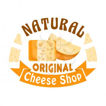 Cheese shop sign. Vector icon, badge with cheese head and slice. Dairy industry cheese assortment of cheddar, parmesan, gouda and edam, camembert and maasdam