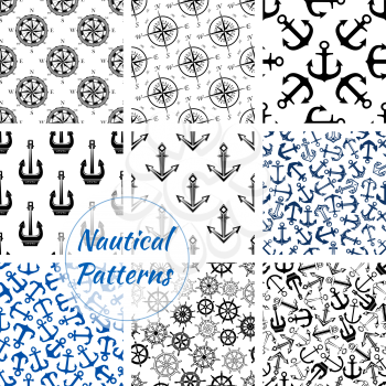 Marine anchor, helm, compass rose seamless pattern background. Nautical anchor, ship wheel and vintage navy rose of the winds. Sea travel, adventure or marine trip design
