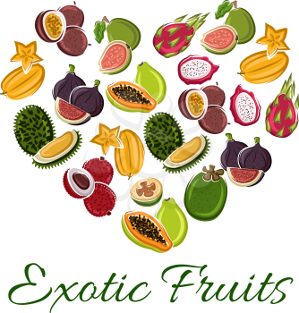 Heart of exotic fruit with cartoon tropical papaya, dragon fruit, carambola, passion fruit, durian, lychee, fig, guava. Love fruit poster for food, juice, vegetarian dessert design