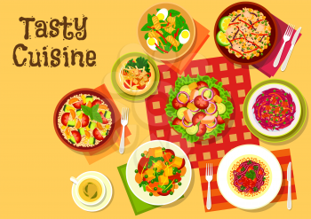 Salad dishes top view icon with vegetable salads with cheese, fried tofu and bacon, fruit salad with croutons, cod liver egg salad, couscous tomato zucchini salad, fried rice with vegetables
