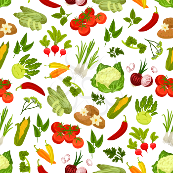 Farm fresh vegetables seamless pattern. Vector pattern of vegetarian products cucumber, carrot, potato, beet, kohlrabi, radish, pepper, tomatoes, corn, cauliflower, onion cabbage, zucchini