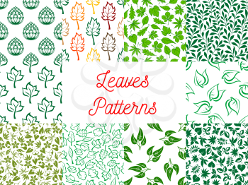 Leaves seamless pattern set with green foliage and stems of plants and herbs, tree branches and shrub twigs on white background. Wallpaper and fabric print, nature and ecology themes design