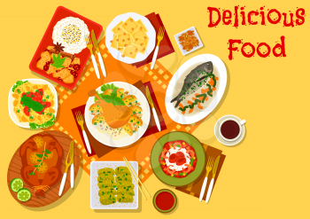 World cuisine popular dishes icon with italian chicken tomato pasta and pumpkin ravioli, japanese eggplant stew and vegetable beef rice, seafood rice, baked fish and chicken, fried duck leg