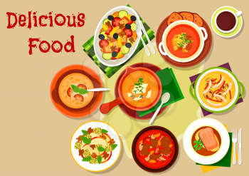 Popular soup and salad dishes icon of vegetable soup with dumplings, italian bread soup, salmon steak, seafood mushroom soup, vegetable olives bread salad, fruit salad with cheese and nut