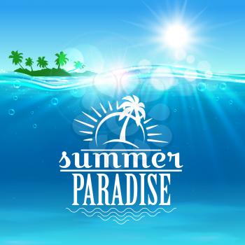 Summer travel and holiday poster. Summer paradise sign of tropical island beach with blue sunny sky, sea waves and palm trees. Travel, vacation, tourism design