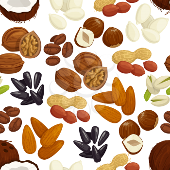 Nut, bean, seed and grain seamless pattern of fresh peanut, coffee bean, hazelnut, pistachio, almond, walnut, coconut, pumpkin and sunflower seed. Healthy nutrition, snack food themes design