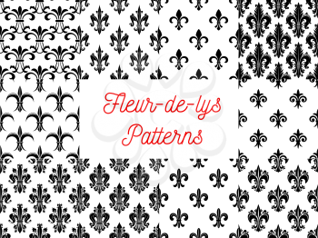 Victorian fleur-de-lis black and white seamless patterns set with stylized floral ornaments of lily flowers, buds and curly leaves
