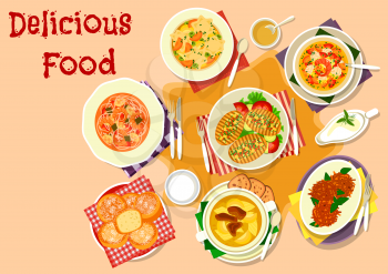 Healthy soup and potato dishes icon with chicken soup, seafood tomato soup with shrimp and salmon, potato bacon pancake, baked potato with cheese, vegetable ravioli soup, fish soup and potato donut