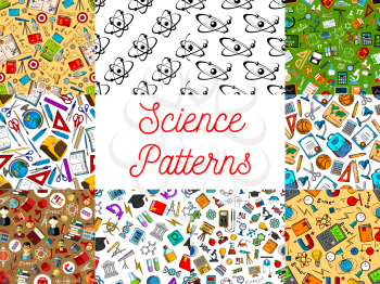 Science seamless patterns. Vector pattern of scientifical objects and symbols, school and university supplies and stationery, atom, formula, microscope, telescope, dna, chemicals, substance, gene, mol