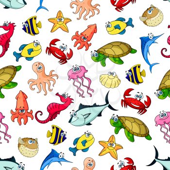 Cartoon seamless pattern of sea and ocean animals, fishes. Vector colorful icons of whale, dolphin, clown fish, starfish, jellyfish, crab, octopus, squid, shell, flounder, turtle, seahorse, tuna. Chil