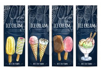 Ice cream chalk sketch on chalkboard. Vector banners set with ice cream assortment of scoops in glass bowl, vanilla eskimo and glazed chocolate sundae in wafer cone, frozen fruit ice. Sweet desserts