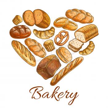 Bakery heart symbol of sketched wheat and rye bread loaf, bagel, croissant, pretzel, sweet bun, cinnamon roll, muffin, dessert pie. Bakery shop, pastry, patisserie or grocery vector poster
