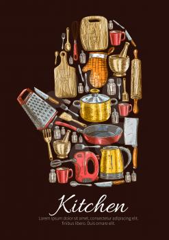 Kitchen utensils and kitchenware poster in shape of cooking glove. Vector symbol of sketch dishware grater, mixer, saucepan, frying pan, cooking glove, cup, electric kettle, mortar, cup, salt, cutting