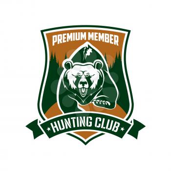 Hunting club vector emblem. Hunter adventure premium membership identity symbol. Badge sign with wild bear grizzly running in forest, rifles, guns, green ribbon in shield form