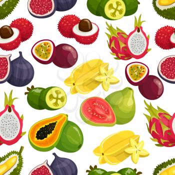 Tropical fruits pattern of orange, papaya, durian, guava, carambola, dragon fruit, lychee, feijoa, passion fruit maracuya, longan, figs, rambutan, mangosteen. Vector seamless background of tropical fr
