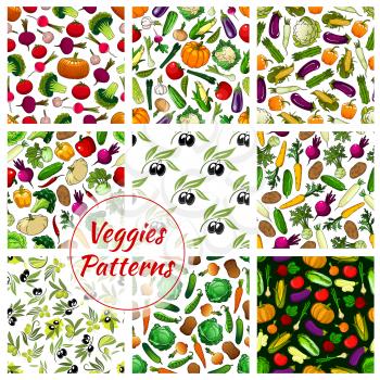 Veggies patterns. Fresh vegetables of cauliflower, garlic, potato, corn, olive, cabbage, pumpkin, tomato, pepper, broccoli and eggplant, carrot with squash and daikon radish. Vector seamless backgroun