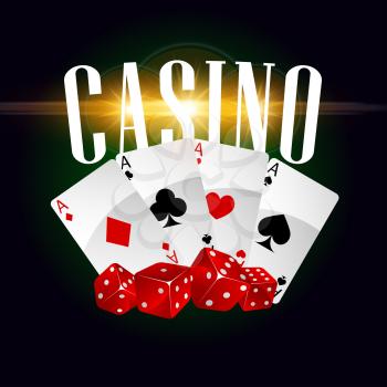 Casino poster with gaming dices and poker cards with spades, hearts, clubs. Las Vegas casino gaming bets concept with golden letters. Vector poster with gold glittering light sparkles