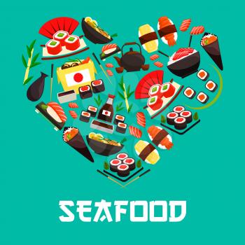Seafood in heart shape poster. Vector symbol designed of Japanese cuisine food with sushi shrimp rolls, salmon sashimi on steamed rice and seafood wok, teapot, seaweed with wasabi and soy sauce, orien