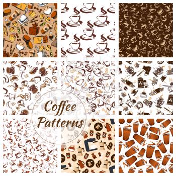 Coffee patterns set of vector coffee bean, cup of hot cappuccino or moka, sweet cupcakes and biscuits, cakes and muffins, coffee mill or grinder and coffee maker, chocolate desserts, turkish pot cezve