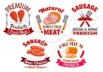 Butchery and meat food vector isolated emblems or signs set with fresh farm and grilled sausage, sliced pork bacon, fried chicken leg with ribbons, forks and knife hatchets. Butcher shop meaty delicat
