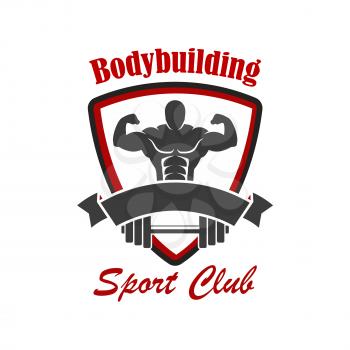 Bodybuilding vector icon. Gym, sport club sign or badge for crossfit gym, fitness club with muscleman, weightlifter athlete with dumbbell or iron barbell, ribbon, star in shield shape
