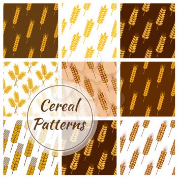 Wheat and rye ears patterns of oat cereal, millet grain, malt grain, spike, barley grain. Vector seamless background for bakery, pastry or grocery shop, beer bar or brewery pub tiles design