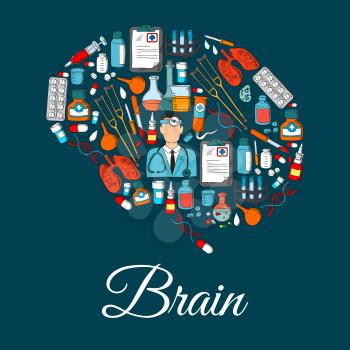 Medicine items in shape of brain. Vector poster of medical tools, microscope, syringe, pills and drugs, doctor with stethoscope, human organs lungs, bacterium DNA in flask, dropper with blood, ointmen