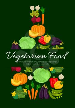 Vegetables, veggies symbol designed of fresh organic pumpkin and broccoli cabbage, cauliflower and avocado, corn, broccoli, green pea and cucumber, chili or bell pepper, tomato, potato and beet with c
