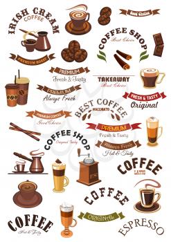Coffee shop isolated signs, emblems and ribbons. Vector icons of hot espresso cup, roasted coffee beans grinder, cappuccino or moka latte mug, cinnamon with chocolate, creamy moka, biscuit and chocola