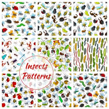 Insects and bugs patterns set. Cartoon smiling bee, worm and beetle, bumblebee hornet, butterfly and fly, chafer, grasshopper or cricket, wasp with caterpillar and ladybug, scorpion and spider, ant an
