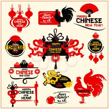 Chinese New Year badge set. Silhouette of rooster, lantern, dragon, fortune coin, folding fan, mandarin orange, dumpling, gold ingot and scroll. Chinese New Year label, stamp, greeting card design