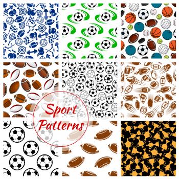 Sport patterns set of balls and sports gaming items of soccer football, volleyball and basketball, rugby and bowling, tennis rackets, skates darts and hockey puck, fitness dumbbells with gold cup awar
