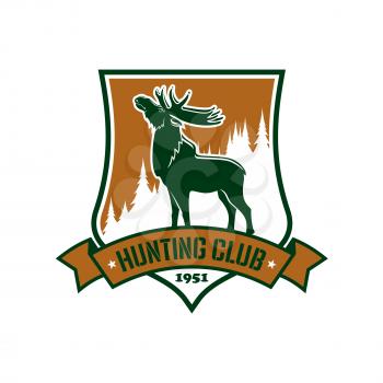 Hunting sport sign. Vector badge or emblem for hunters club. Vector isolated shield or icon with mountain elk antler or forest deer and green ribbon. Winter hunt adventure club symbol