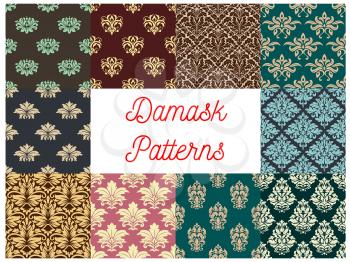 Damask patterns. Luxury flowery backdrops and ornate ornament tiles. Flourish baroque background with rococo design. Vector set of seamless floral embellishment and tracery motif
