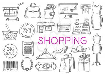 Shopping icons set. Vector isolated sketch line shopping items of shopping basket, money purse bag, shop counter, dress, atm bank, credit card, store, discount label, price tag, barcode, clothes hange