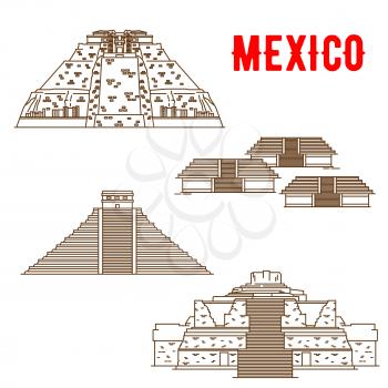 Uxmal, Teotihuacan, Chichen Itza, Ek Balam. Ancient and historic culture landmarks of Mexico. Vector thin line symbols of famous archeological Maya and Incas sightseeings for souvenirs, travel map gui