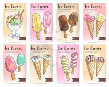 Ice cream menu card template. Sweet dessert strawberry fruit, pistchio ice cream scoops in glass bowl, eskimo pie in chocolate glaze, sundae in wafer cone. Vector color sketch design elements for cafe