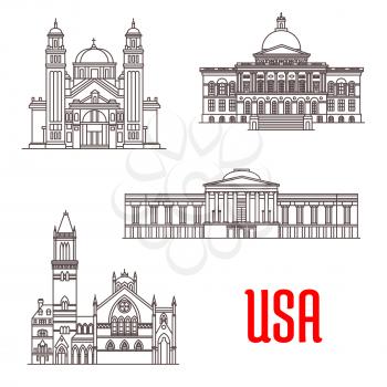 USA american architecture landmarks. St. James Cathedral, Massachusetts State House, National Gallery of Art, Old South Church. Vector thin line icons of famous buildings for souvenirs, postcard