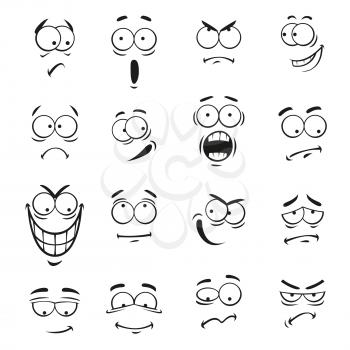 Human cartoon emoticon faces with expressions. Vector cute eyes emoji elements smiling, happy, upset, surprised, skeptical, sad, angry, mad, stupid, crying, shocked, comic, silly, scared, classy, opti