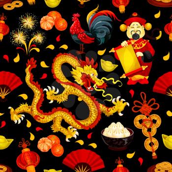 Chinese New Year festive seamless pattern with rooster zodiac symbol, red lantern, fortune coin, golden dragon, god of wealth with scroll, mandarin orange, gold ingot, firework, folding fan, dumpling