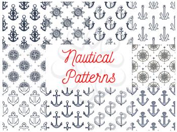 Nautical seamless patterns set of marine anchor, helm and steering wheel with rope, vintage navigation compass and wind rose