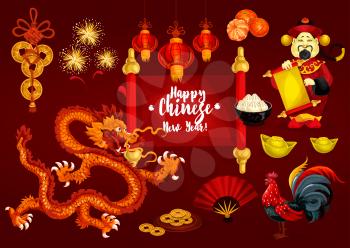 Chinese New Year, Spring Festival greeting card. Golden coin, animal zodiac rooster, red paper lantern, mandarin fruit, dancing dragon, god of wealth with paper scroll, firework, dumpling, gold ingot