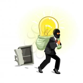 Idea theft. Man stealing lamp bulb from safe box. Business metaphor of human thief in black mask stealing idea, intellectual property, copyright in form electric lamp