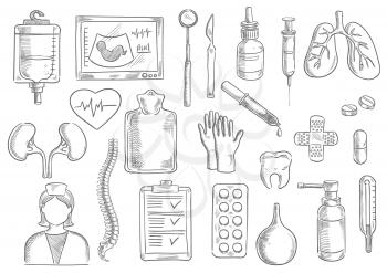 Medical icons. Vector isolated sketch line medicine items of blood counter, ultrasonography, thermometer, surgeon and dentist tools scalpel, dropper, syringe, human lungs, heart, kidney, tooth, doctor