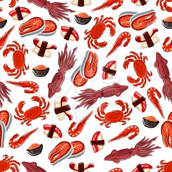 Seafood dishes seamless pattern background with salmon steak, tuna and clam sushi nigiri, crab, shrimp, salted red caviar and squid. Japanese and mediterranean cuisine themes design