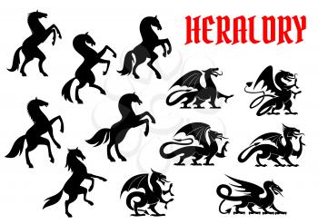 Heraldic mythical animals emblems. Vector silhouette icons of Horse Unicorn, Griffin Dragon heraldry for tattoo, shield insignia