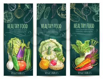 Healthy vegetables and vegetarian food banners on green blackboard. Vegetable posters with tomato, carrot, onion, pepper, beet, radish, eggplant, cabbage, cucumber, zucchini, kohlrabi sketches