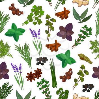 Herbs and spices seamless pattern. Vector patterns of mint, cinnamon, thyme, ginger, ginger, cloves, marjoram, tarragon, lemongrass, sage, basil, lemon balm, oregano, parsley, dill, cilantro, coriande